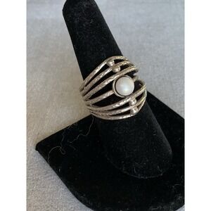 Vintage 925 Sterling Silver Modernist Pearl Ring Size 8 Estate Jewelry